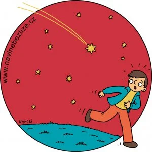 Nesplněná přání s lehkostí. Muž utíká před padající hvězdou. Ilustrace.