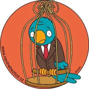 Manažer ve zlaté kleci. Smutný papoušek v obleku ve zlaté kleci. Ilustrace.