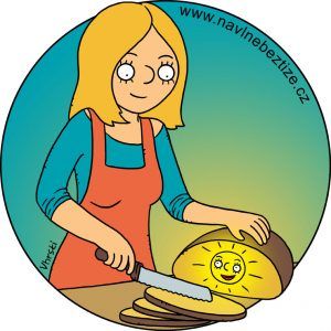 Chleba který nejde upéct. Žena krájí chléb ve kterém je slunce. Ilustrace.