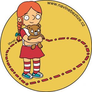 Péče o děti. Holčička držící medvídka uprostřed namalovaného srdíčka. Ilustrace.