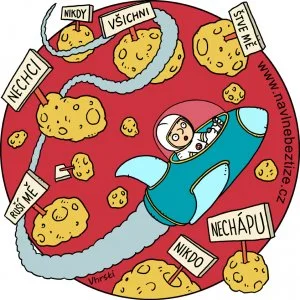 Klíčová slova negativních manter. Já v raketě letící vesmírem plným planet s cedulemi a mantrami. Ilustrace.