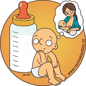 Péče o děti. Kojenec sedící u velké lahve se sonarem snící o kojení. Ilustrace.