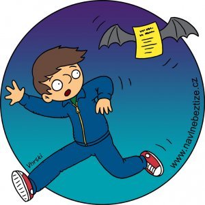 Útok netopýra. Chlapec utíkající před dokumentem s netopýřími křídly. Ilustrace.