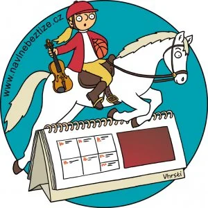 Péče o děti. Já na bílém koni přeskakuji kalendář jako překážku. Ilustrace.