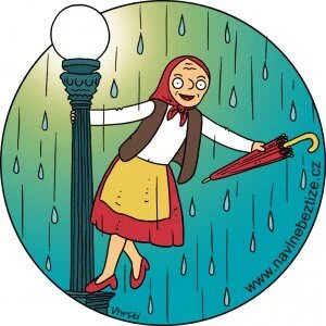 To je ale krásně hnusně. Babička v dešti tančí s deštníkem kolem pouliční lampy. Ilustrace.