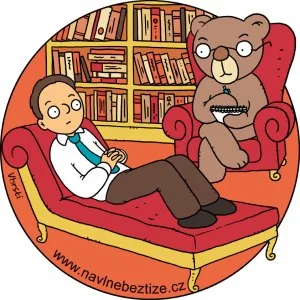 Úklid jako psychoterapie. Já na gauči a vedle mě psycholog v podobě dětského medvídka. Ilustrace.