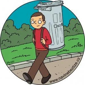 Know-how sběrače. Já s popelnicí která má popruhy jako školní brašna na zádech. Ilustrace.