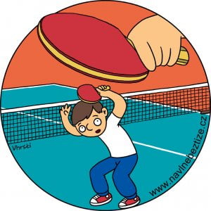 Nechytatelný topspin. Syn zmenšený na pingpongovém stole krčící se před velkou raketou. Ilustrace.