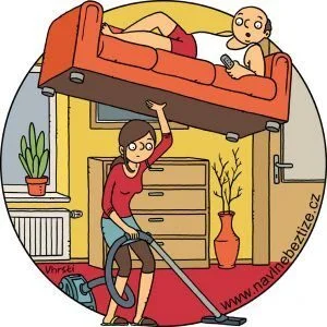 Síla žen. Žena v jedné ruce vysavač a druhou drží nad hlavou gauč, na kterém se v válím. Ilustrace.