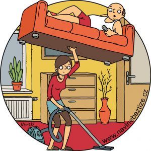 Síla žen. Žena v jedné ruce vysavač a druhou drží nad hlavou gauč, na kterém se v válím. Ilustrace.
