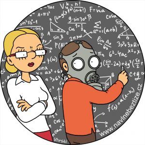 Matematický vzduch. Já s dýchací maskou u tabule plné výpočtů za dozoru přísně se tvářící učitelky. Ilustrace.