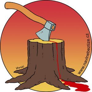 Osada vrahů. Sekera zatnutá do pařezu. Ilustrace.