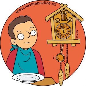 Snídaňooběd. Já s bryndákem u prázdného talíře hledící na hodiny kukačky. Ilustrace.