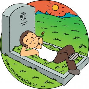 Ožijte myšlenkou na smrt. Já ležící na travnatém hrobě s trávou v ústech a rukami za hlavou. Ilustrace.