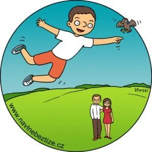 Péče o děti. Létající syn a já se ženou v povzdálí. Ilustrace.