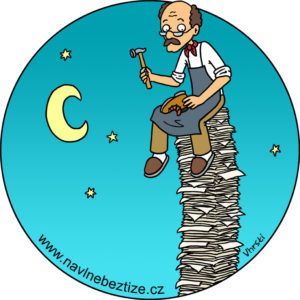 Syndrom úspěšného živnostníka. Starší muž jako kovář sedící na stohu papírů. Ilustrace.