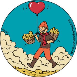 Peklo na zemi. Já na túře s nafouknutým srdcem a košíky ovoce. Ilustrace.