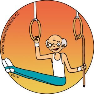 Věkuprostý gymnasta. Dědeček cvičící na kruzích, jednou rukou se drží hůlky zahrnuté do kruhu. Ilustrace.