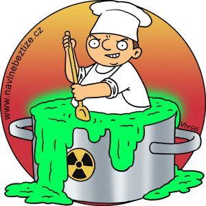 Polévka z emočního jedu. Já v zelené polévce s kuchařskou čepicí. Ilustrace.