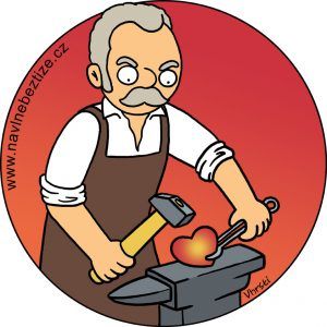 Dědo proč nejíš? Dědeček u kovadliny s kladivem kuje srdce. Ilustrace.