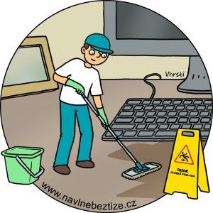 Kouzelná moc uklizeného stolu. Já s mopem vedle klávesnice. Ilustrace.