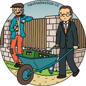 Podporujte svého obecního blázna. Soused opřený o plot a já s kolečkem. Ilustrace.