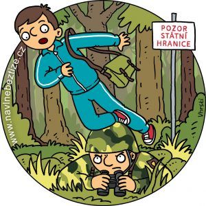 Narušitel hranic. Ja v lese zakopávám o pohraničníka. Ilustrace.
