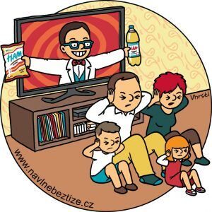 Kdo se nachytá na reklamu. Rodina před televizí, ilustrace.