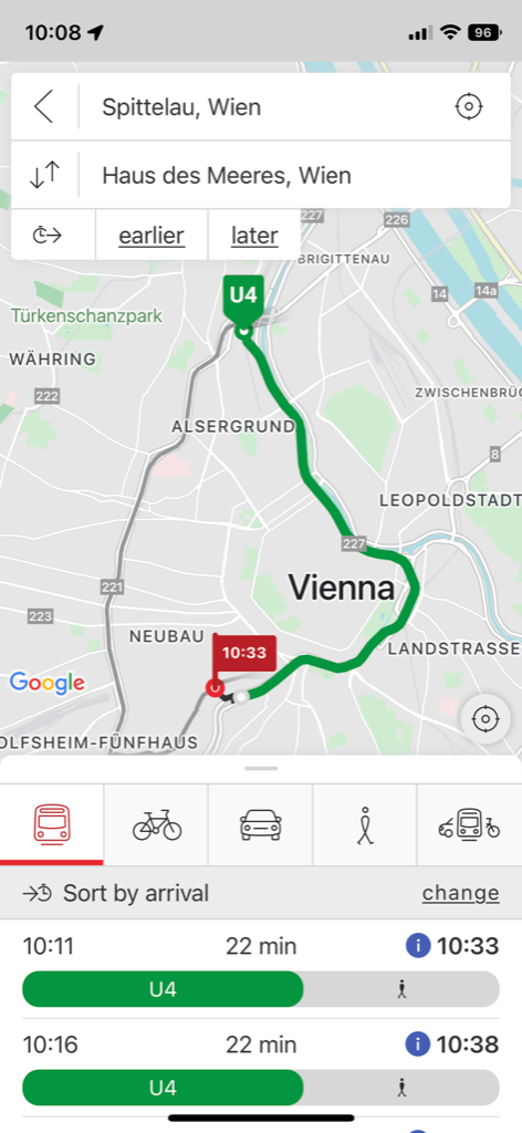 WienMobil aplikace pro vídeňskou MHD. Screenshot